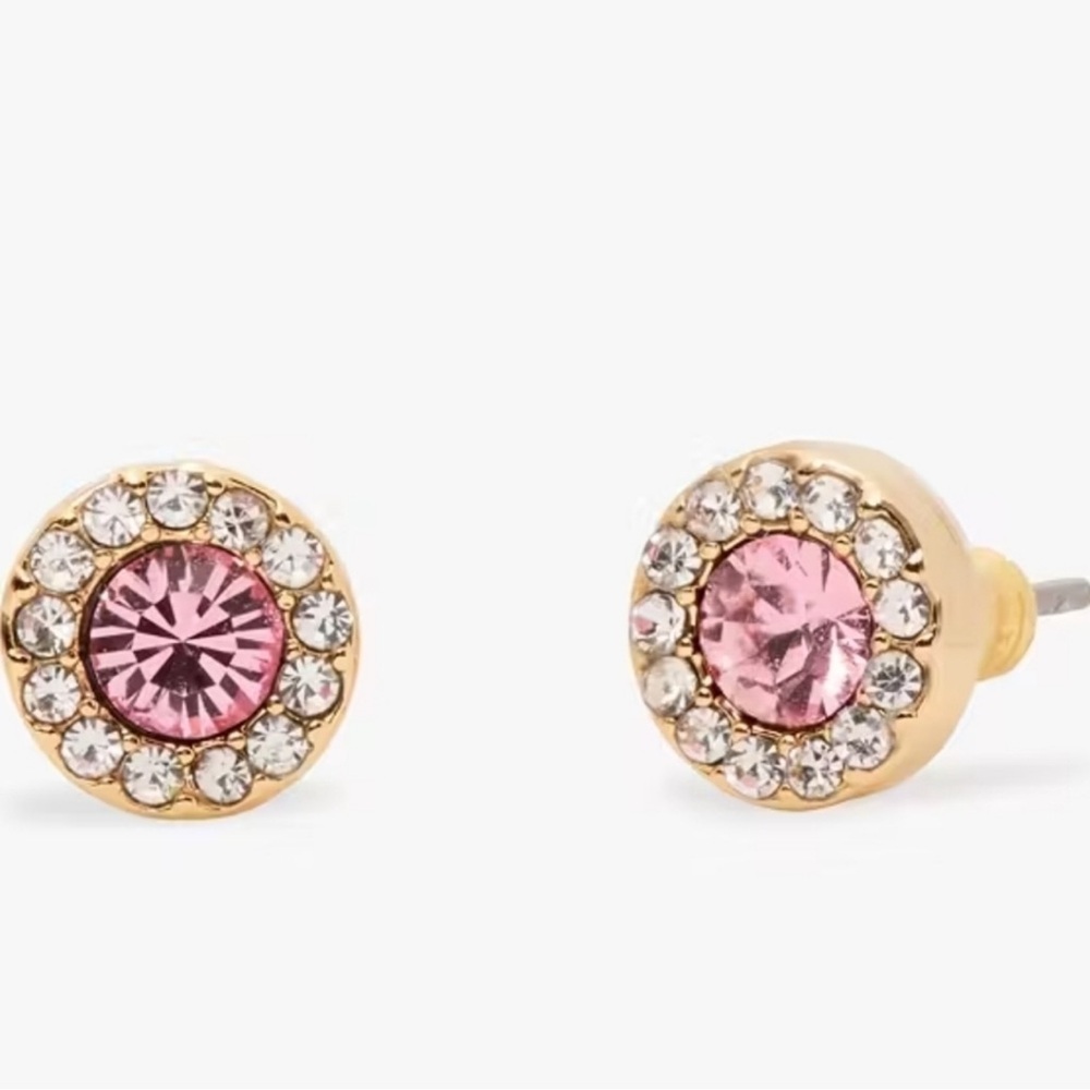 Kate Spade You’re A Gem Gold & Pink Pave Halo Crystal Stud Earrings, Heart Backs